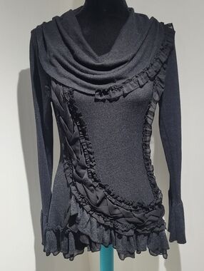 Vitrin Design Women's Cowl Neck Ruffle Embellished Sweater Small Gray Whimsigoth